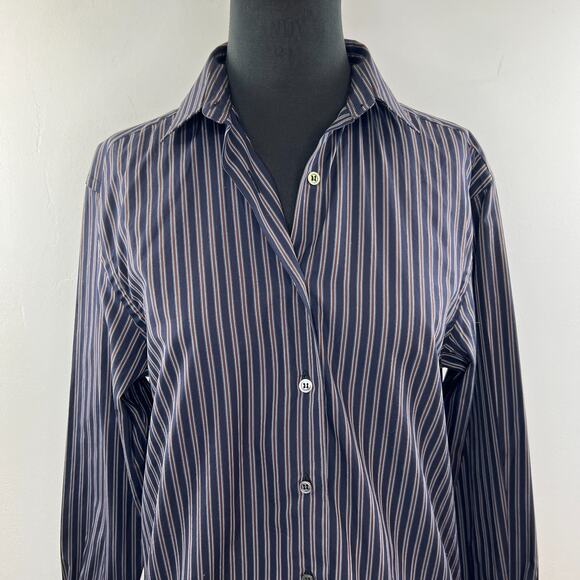 LORENZINI Navy Blue Burgundy Stripe Mens Button Down Dress Shirt 0 ITALY - Picture 2 of 8